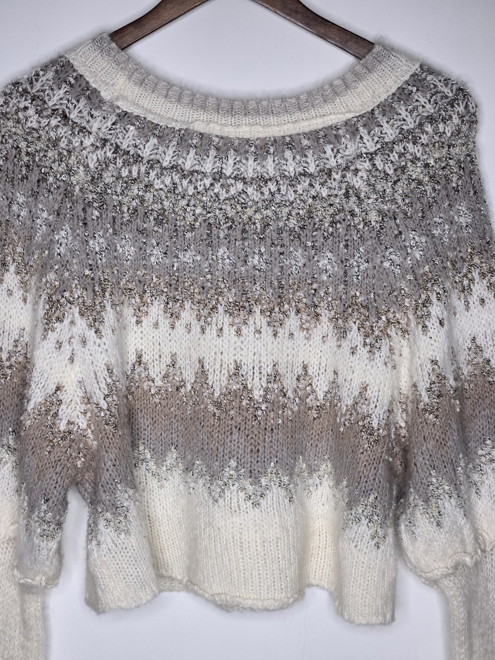 Free People Home For The Holidays Knit Pullover Cream Beige Fair Isle Size M - Picture 8 of 15